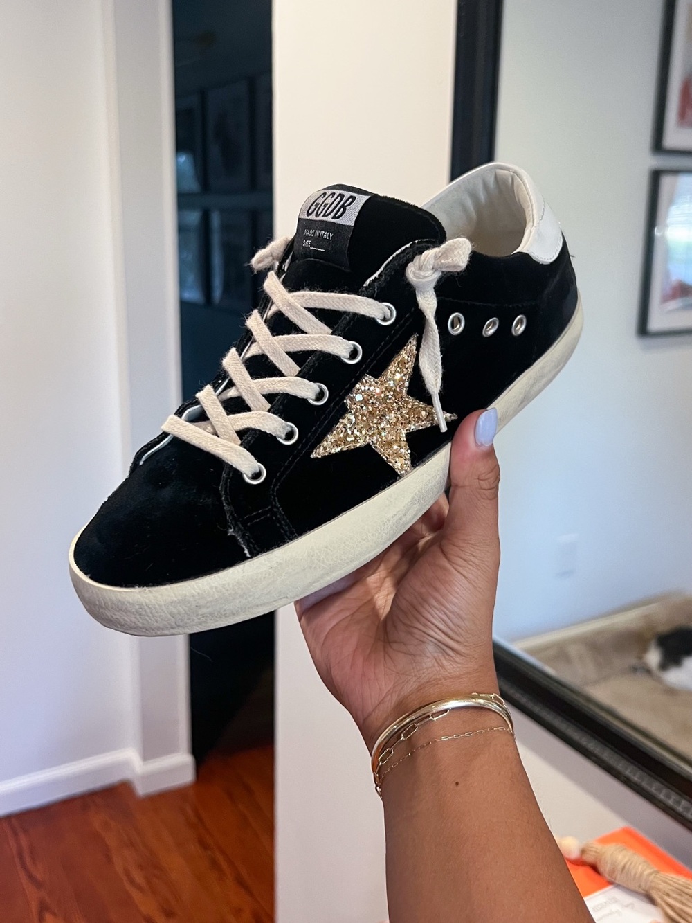 Golden Goose Black Velvet Sneakers with Gold Glitter Star - Picture 6 of 9